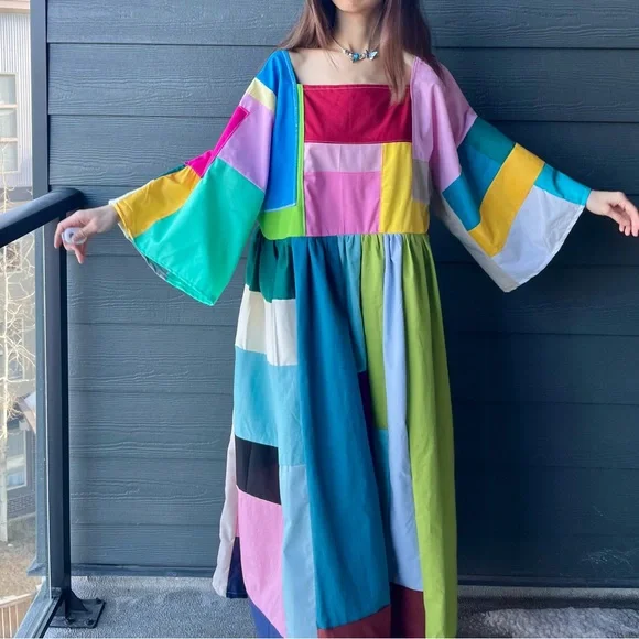 Handmade Quilted Patchwork Colorblock Dress SKU 02265 - Picture 6 of 16